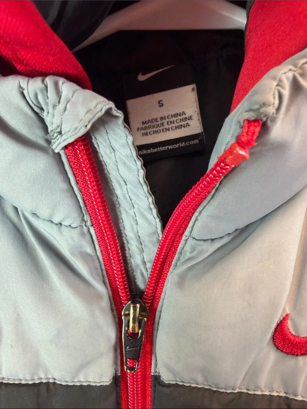 Nike Kids Red and Gray Hooded Puffer Coat